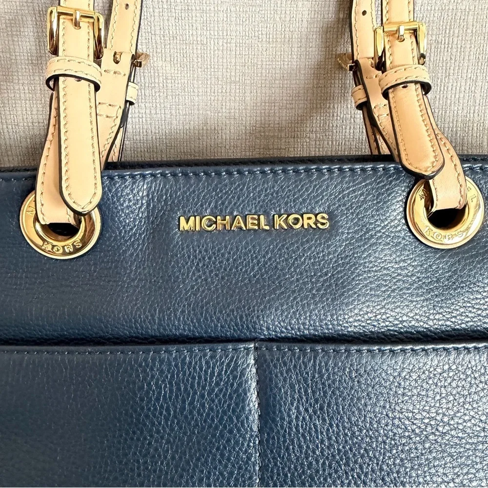 Michael Kors Dark Blue Pebbled Leather with Tan Straps Shoulder Bag Tote - Picture 3 of 15